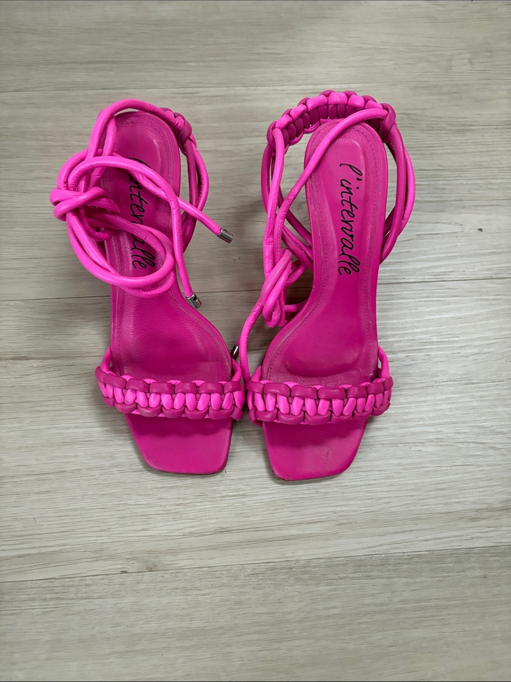 L'INTERVALLE Bright Pink Braided Lace-Up Heeled Sandals